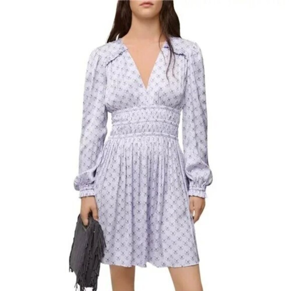 New Maje Rianne Bow Print Satin Mini Dress Lavender 36, 4 S $375
